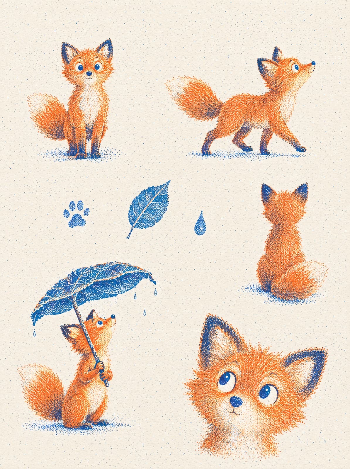 Character sheet: the fox Tara drawn from the front, side and back, sitting with her leaf, and a close-up of her face.