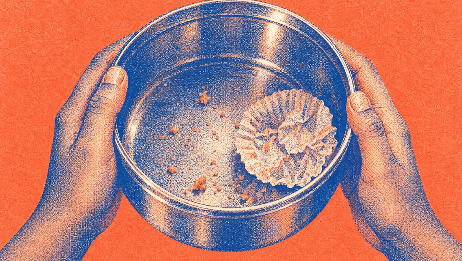 Storyboard frame, close-up: two hands hold an empty steel tin with a few crumbs and a paper liner.