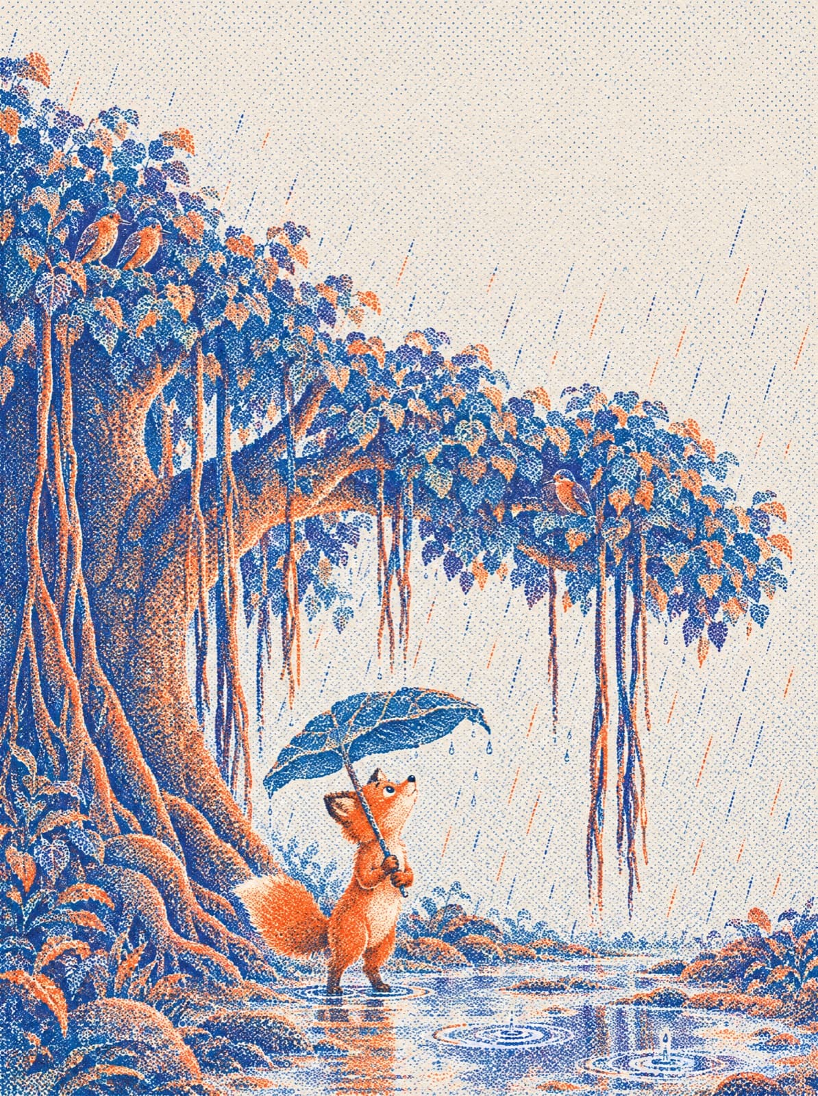 Cover illustration: a fox holds a leaf over its head in the rain under a banyan tree.