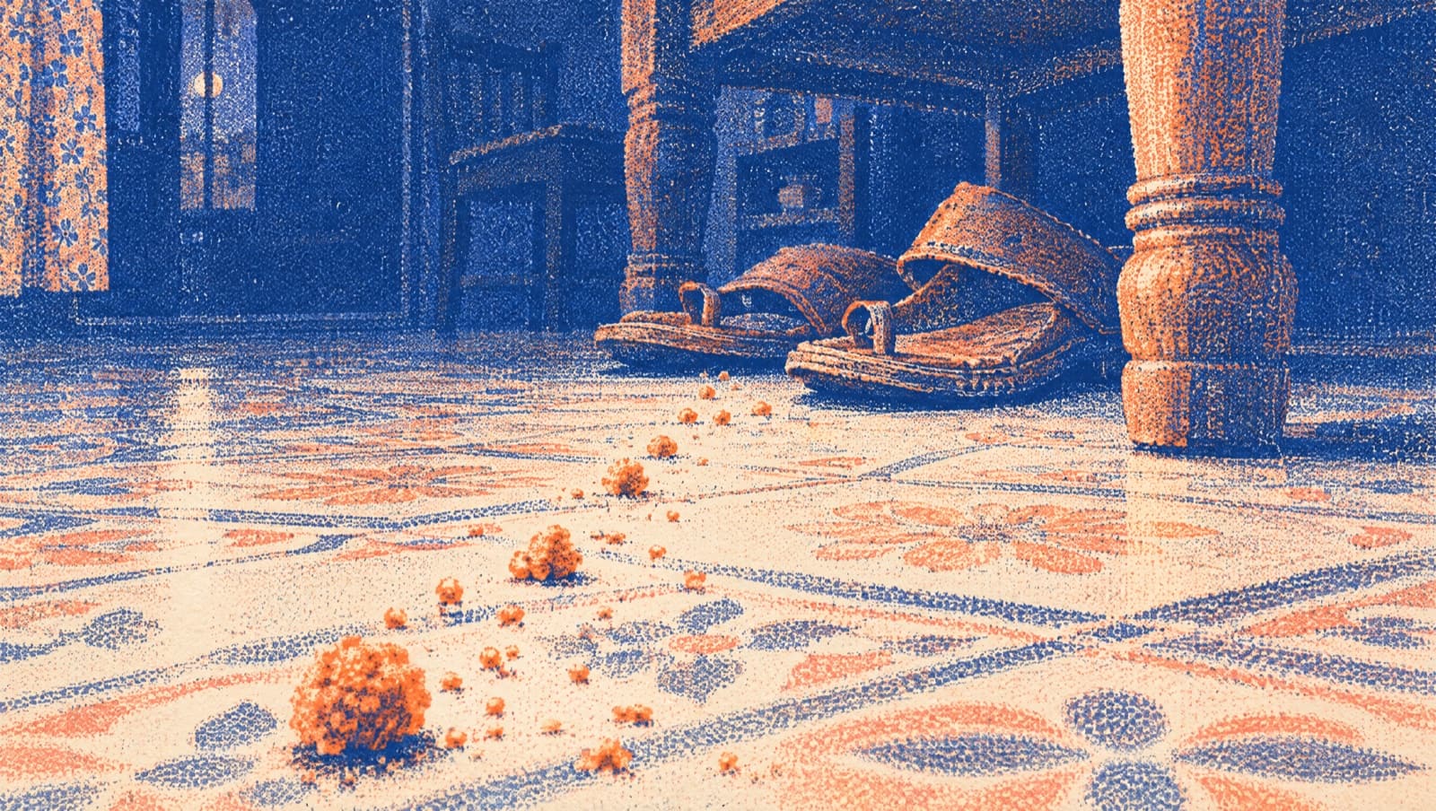 Storyboard frame, cutaway: a trail of laddoo crumbs across floor tiles to a pair of chappals by a table leg.