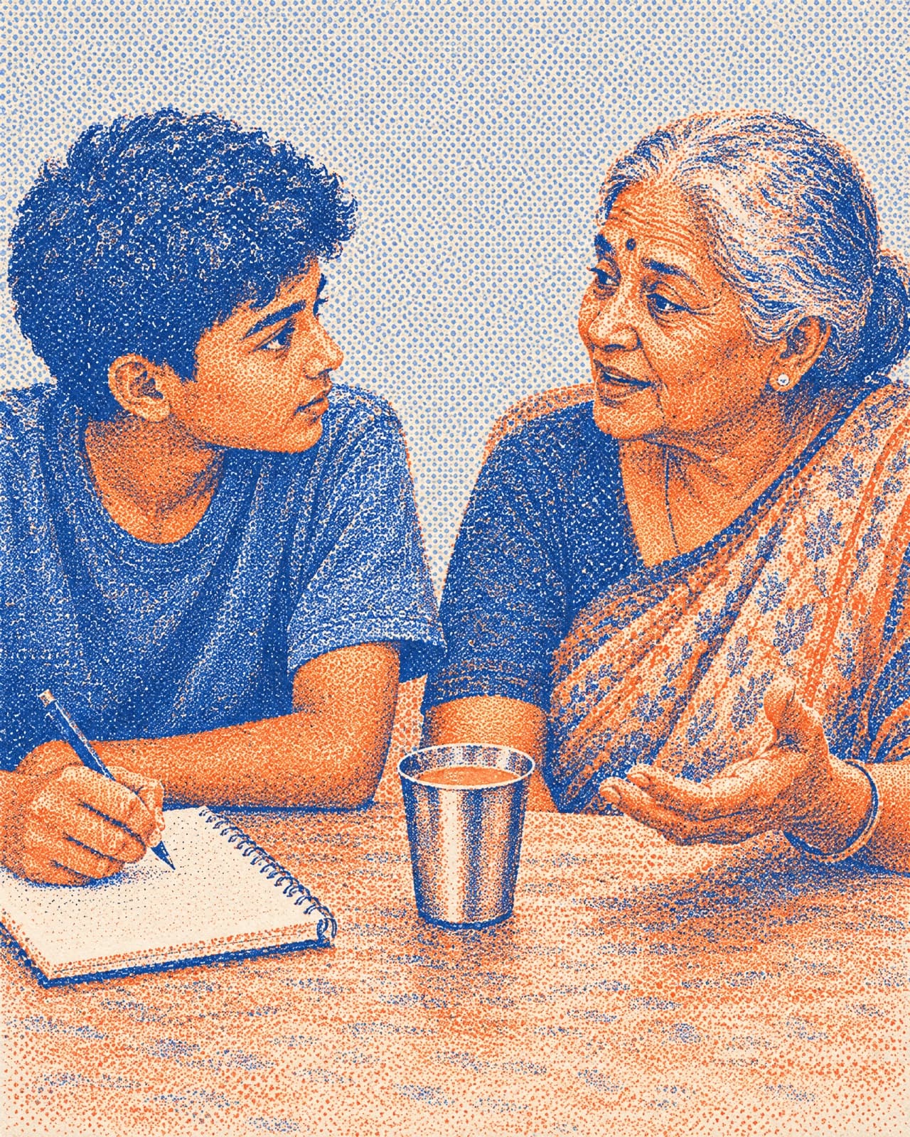 Illustration: a boy takes notes in a notebook while his grandmother explains something at the dining table.