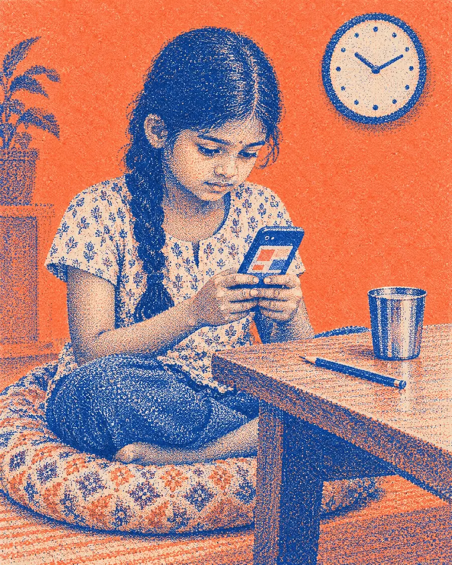Illustration: a girl at home, working through the questions on a phone