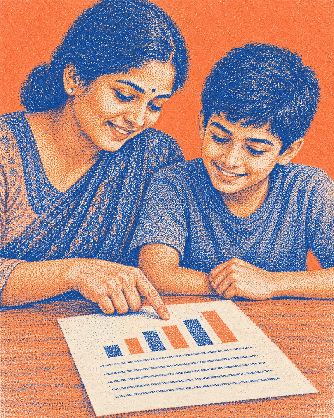 Illustration: a mother and her son reading a printed report together at the dining table