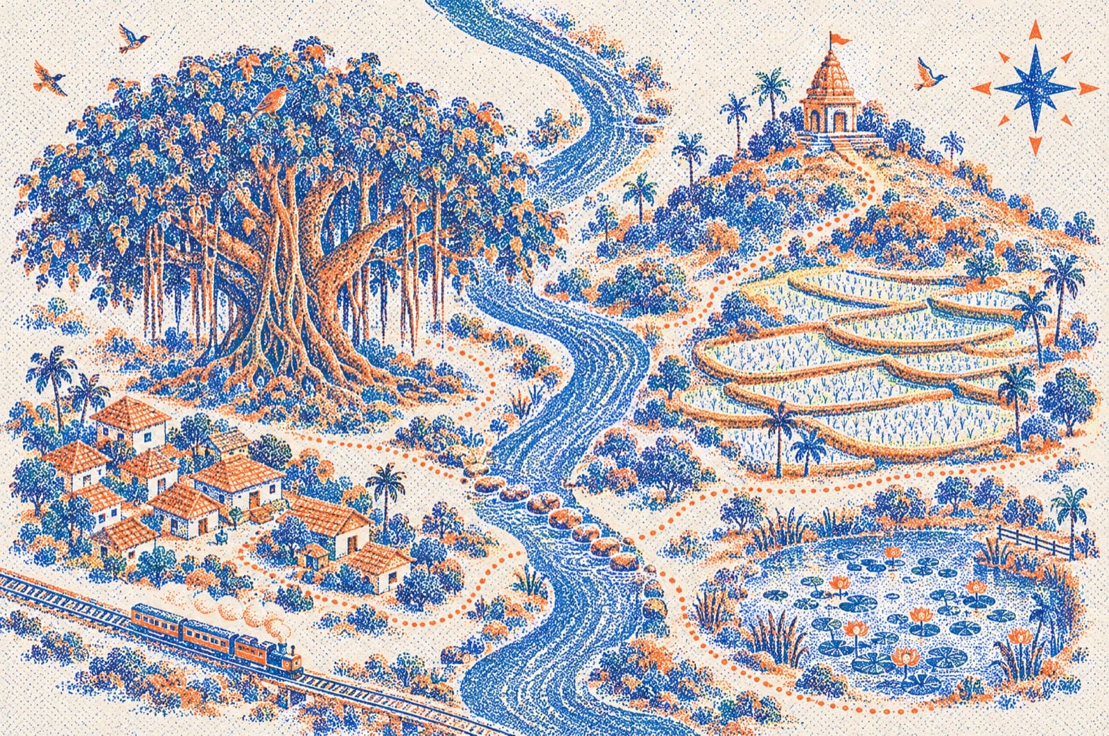 A map of Tara's village, with a river, a banyan tree, paddy fields, a pond and a little railway.
