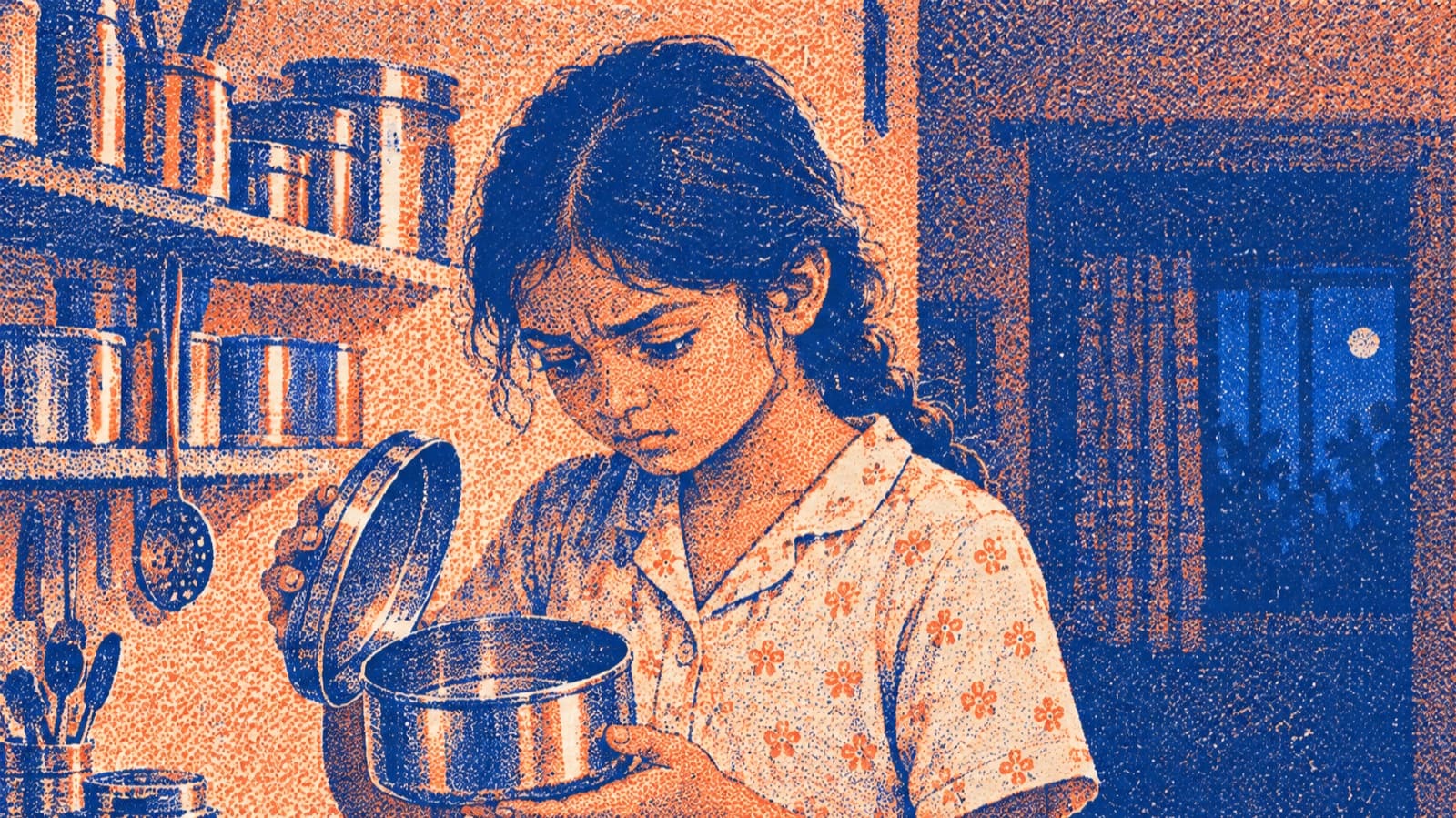Storyboard frame, medium shot: a girl in pyjamas lifts the lid of a steel tin in the kitchen.