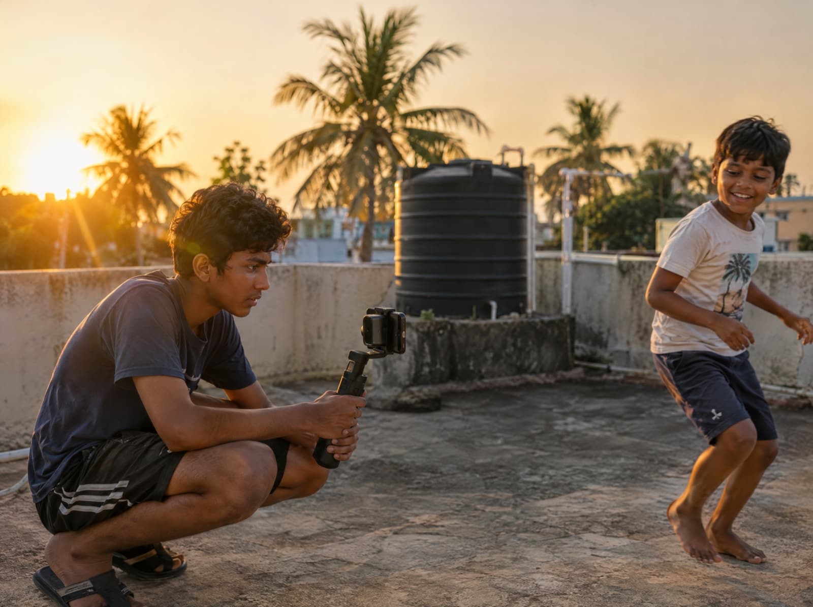 A teenage boy crouches on a rooftop at sunset, filming his younger cousin with a phone on a gimbal.