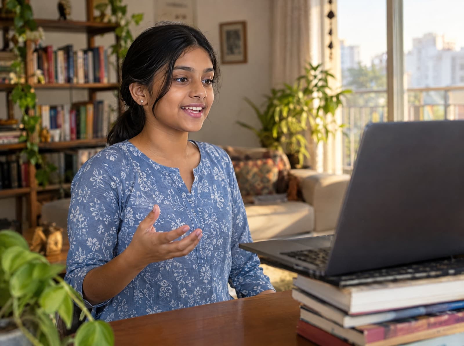 A girl of about fourteen gives a talk to her online class from her living room.