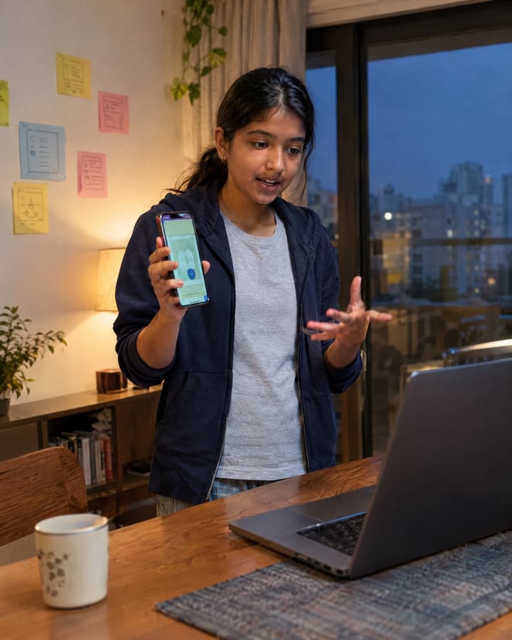 A girl of about 14 stands at her dining table, holding up her phone to show her app to an online class.