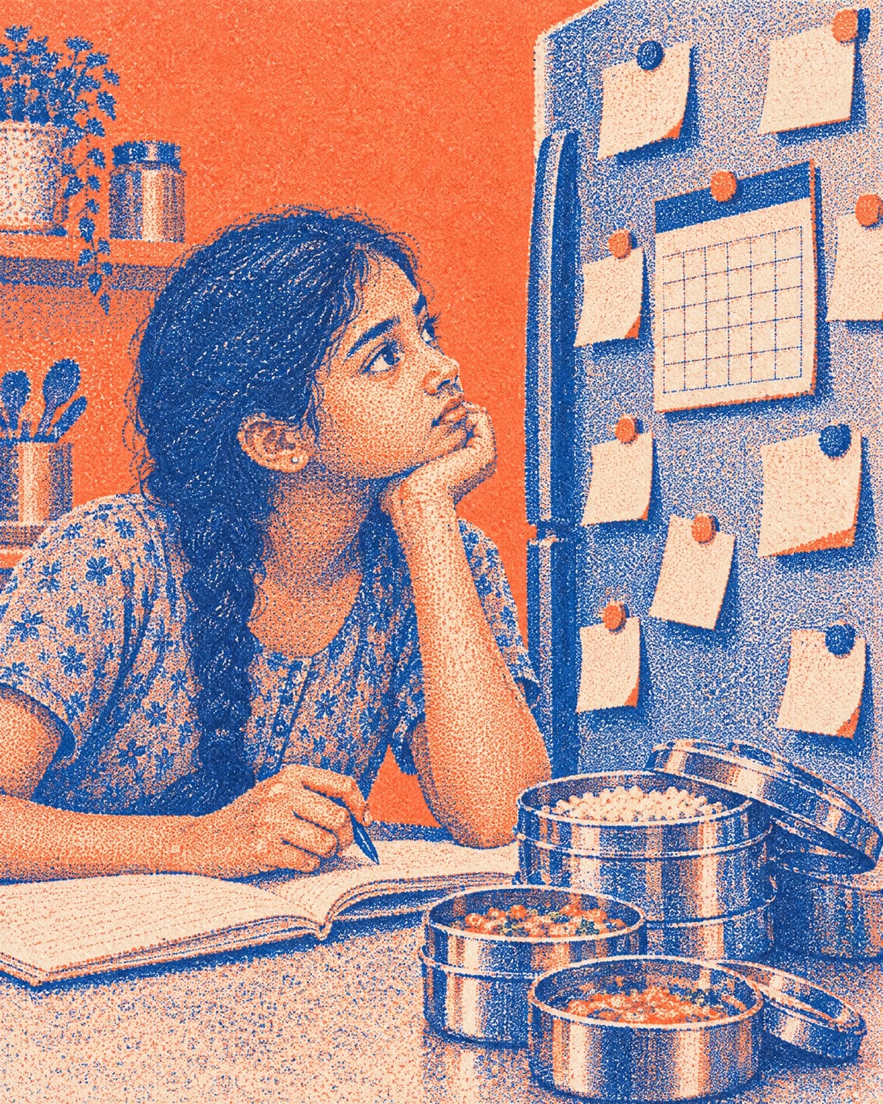 Illustration: a girl at the kitchen counter, chin on her hand, studying a fridge door covered in notes beside a stack of tiffin boxes.