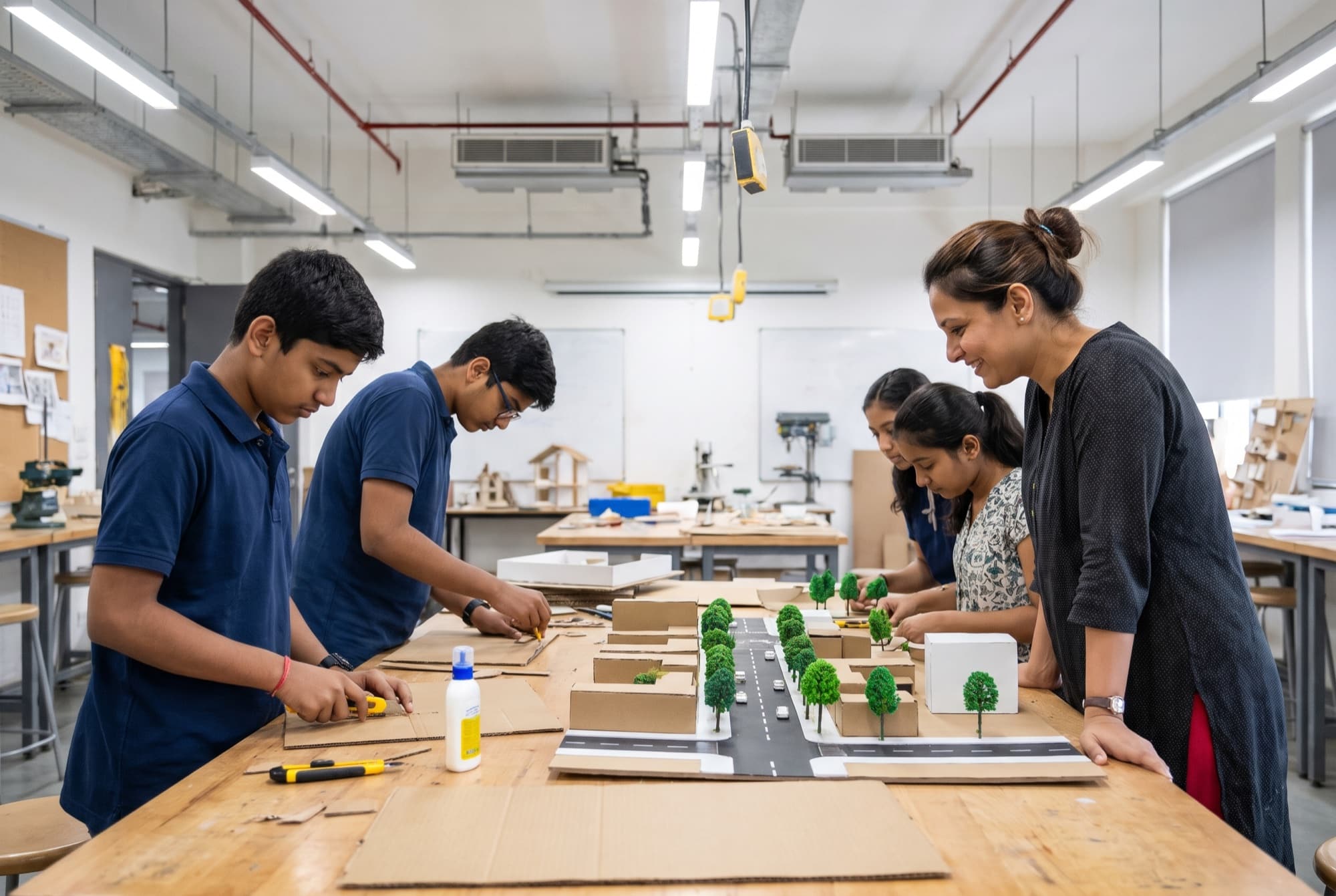 Students build a cardboard model of a tree-lined street in a workshop while an educator looks on.