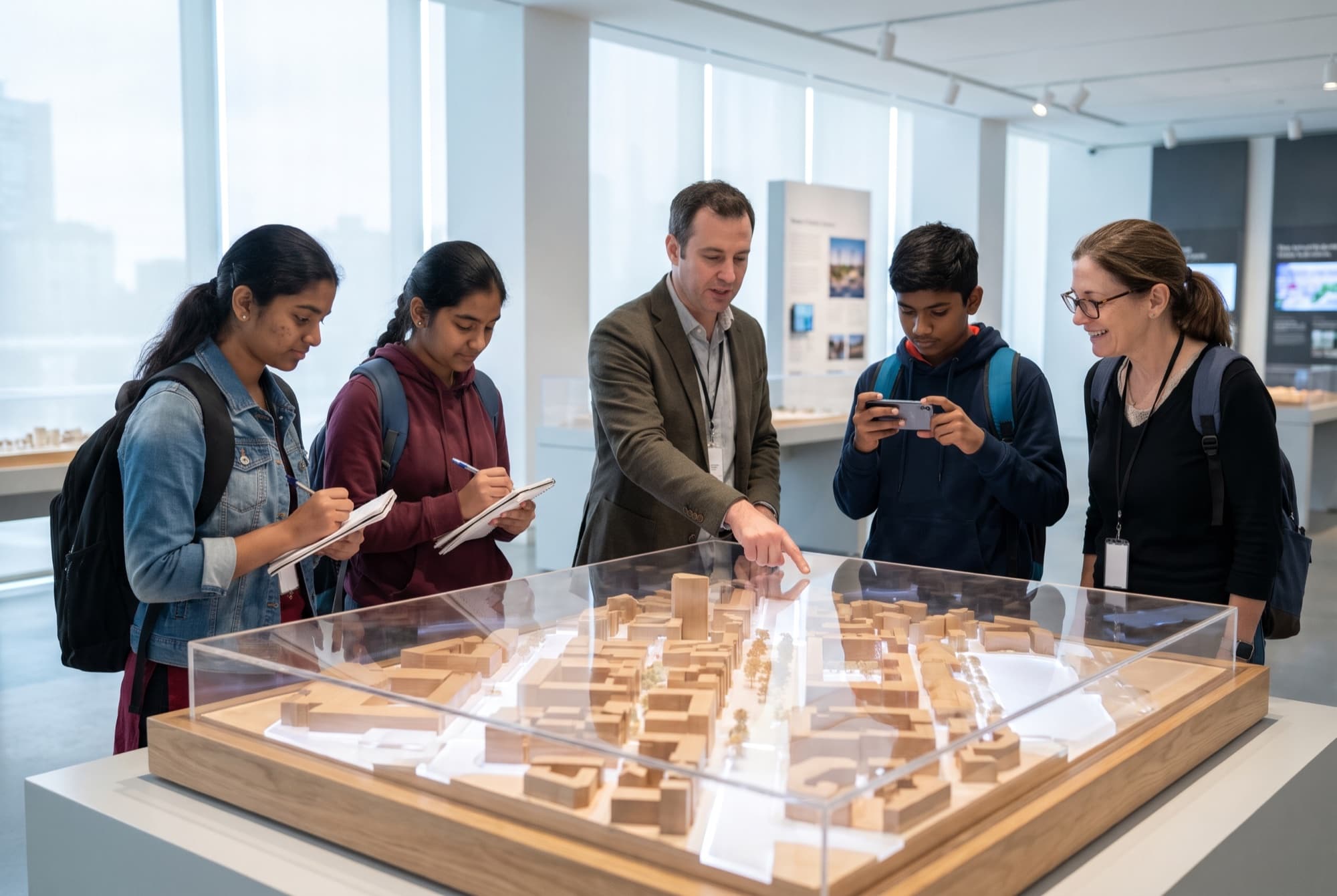 Four students and two adults study a wooden model of a city in a gallery, taking notes and photos.