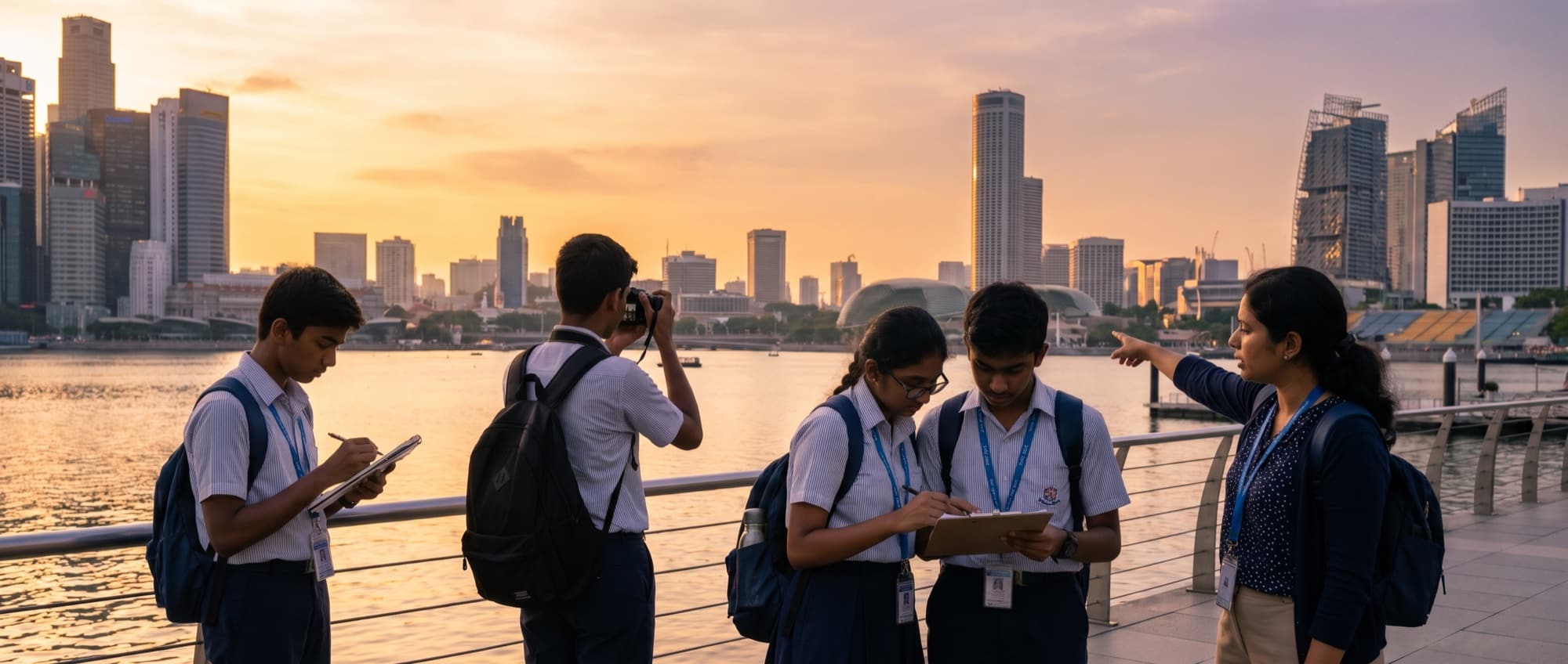 Five students in school uniform take notes and photographs on a waterfront promenade at sunset, with a city skyline behind them.