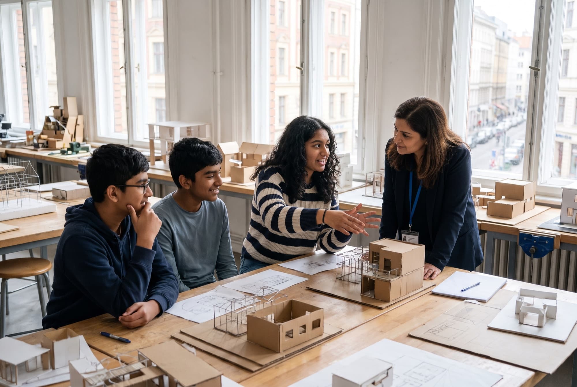 A student explains her cardboard building models to an educator while two classmates listen.