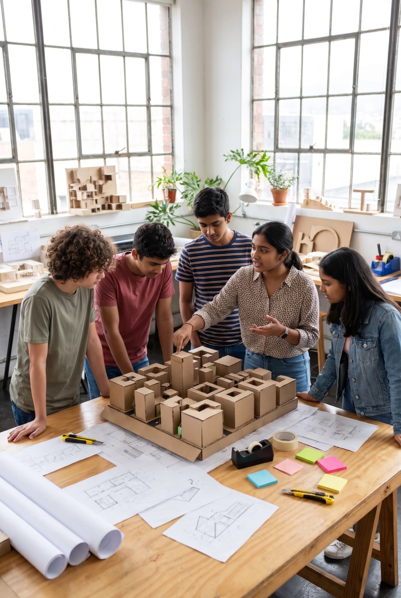 Five teenagers gather round a table of cardboard building models and drawings in a bright studio, one explaining her idea.