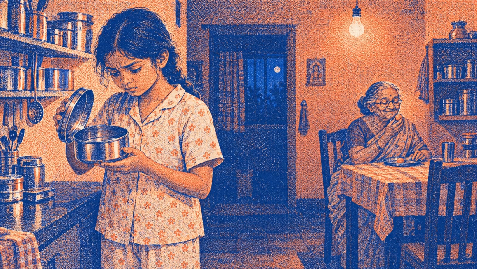 Storyboard frame, reveal: the girl stares into the empty tin while her grandmother sits behind her at the table, smiling, eating the last laddoo.