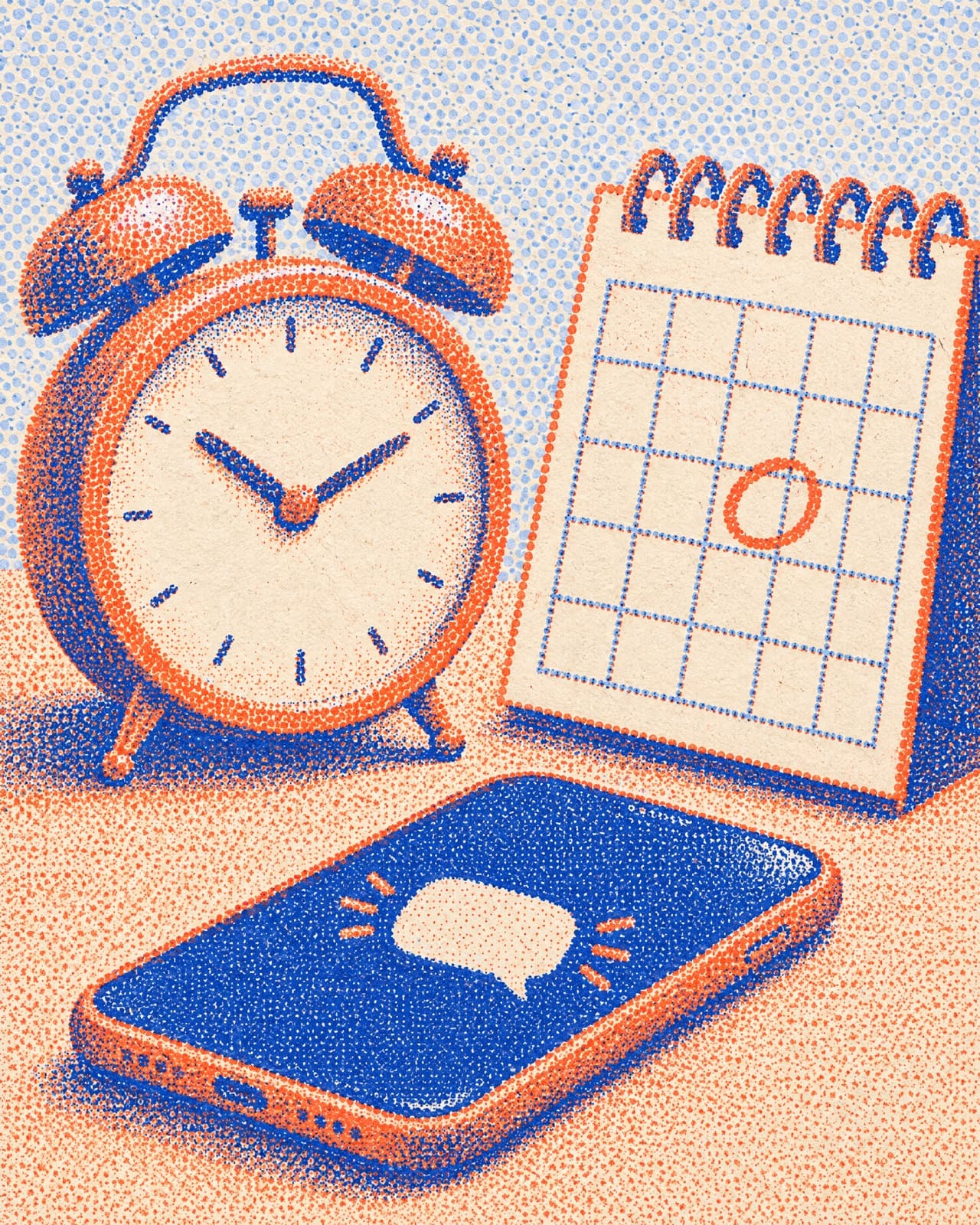 Illustration: an alarm clock, a desk calendar with one day circled, and a phone with a new message