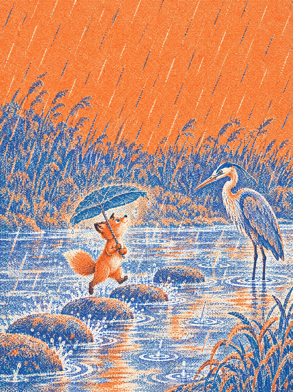 Story picture: Tara hops across stepping stones in the rain while a heron watches from the shallows.
