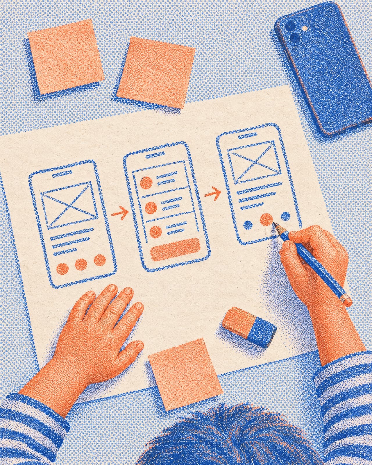 Illustration: seen from above, a child sketches three phone screens on paper, with arrows between them.