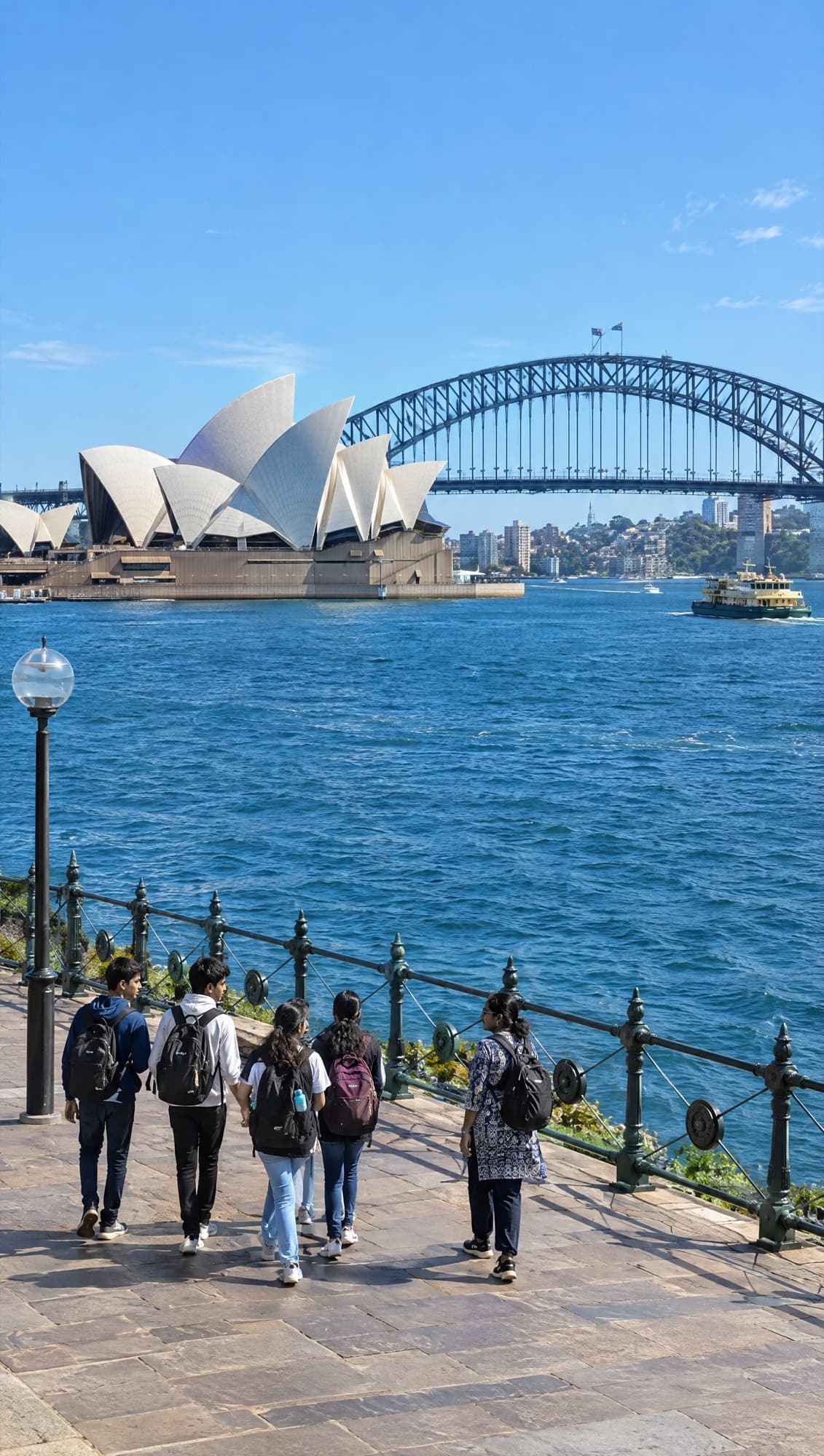 Students walk along a harbour promenade towards an opera house and a steel arch bridge in Australia.