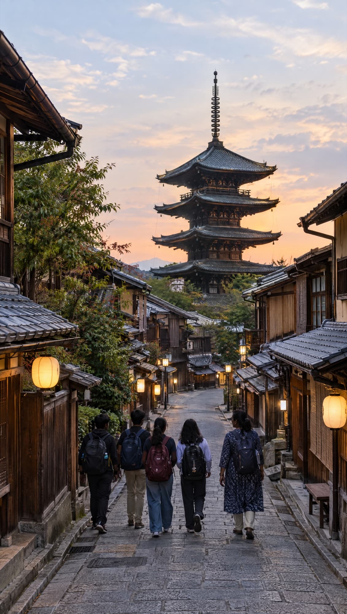 Students with backpacks walk up a lantern-lit lane of wooden houses towards a pagoda in Japan at dusk.