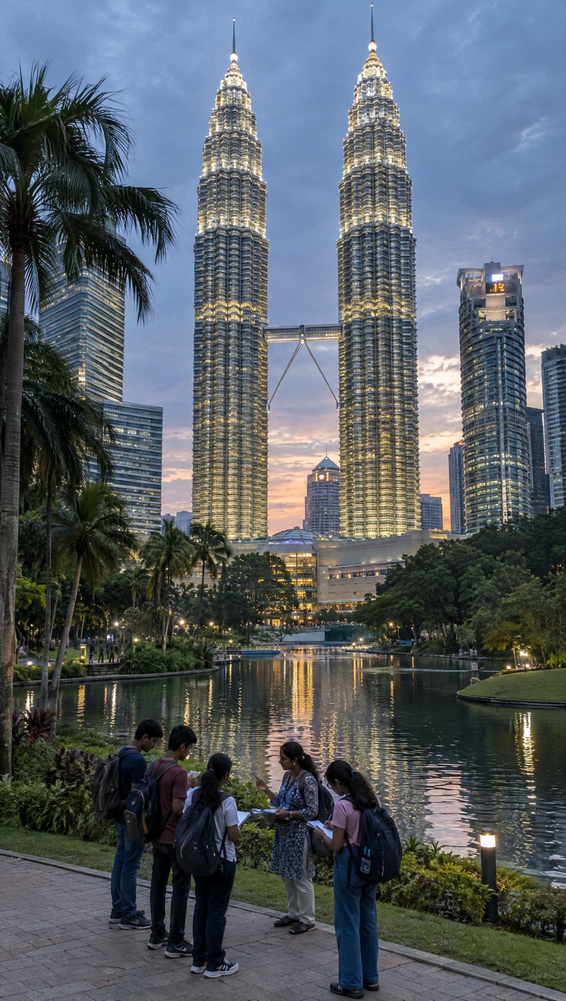Students with notebooks stand by a lake in a city park, with twin towers lit up behind them in Malaysia.