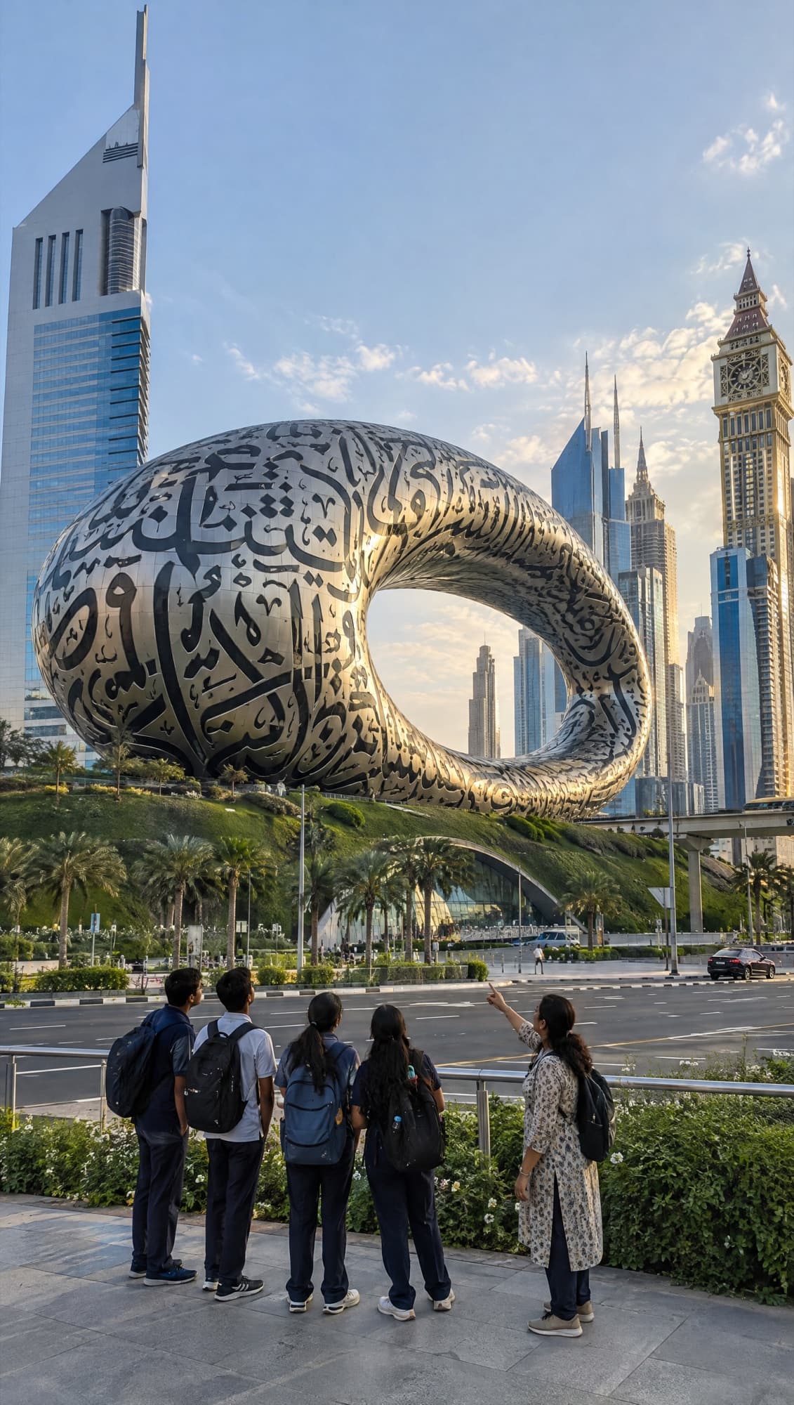 Students and an educator look at a ring-shaped building covered in Arabic calligraphy in the UAE.